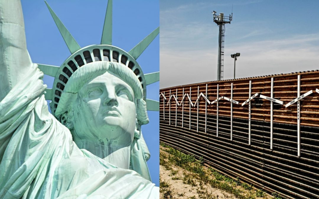 Images of the Statue of Liberty and a border wall set next to each other