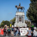 Hundreds of marchers rally at the Robert E. Lee statue on Monument Avenue, in Richmond, Virginia, on Sept. 16, 2017, to counter pro-Confederate statue demonstrations.