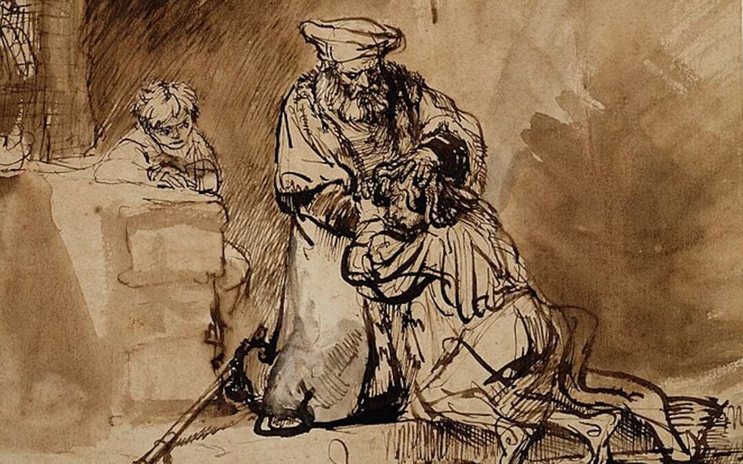 A drawing by Rembrandt illustrating the biblical story of the prodigal son.