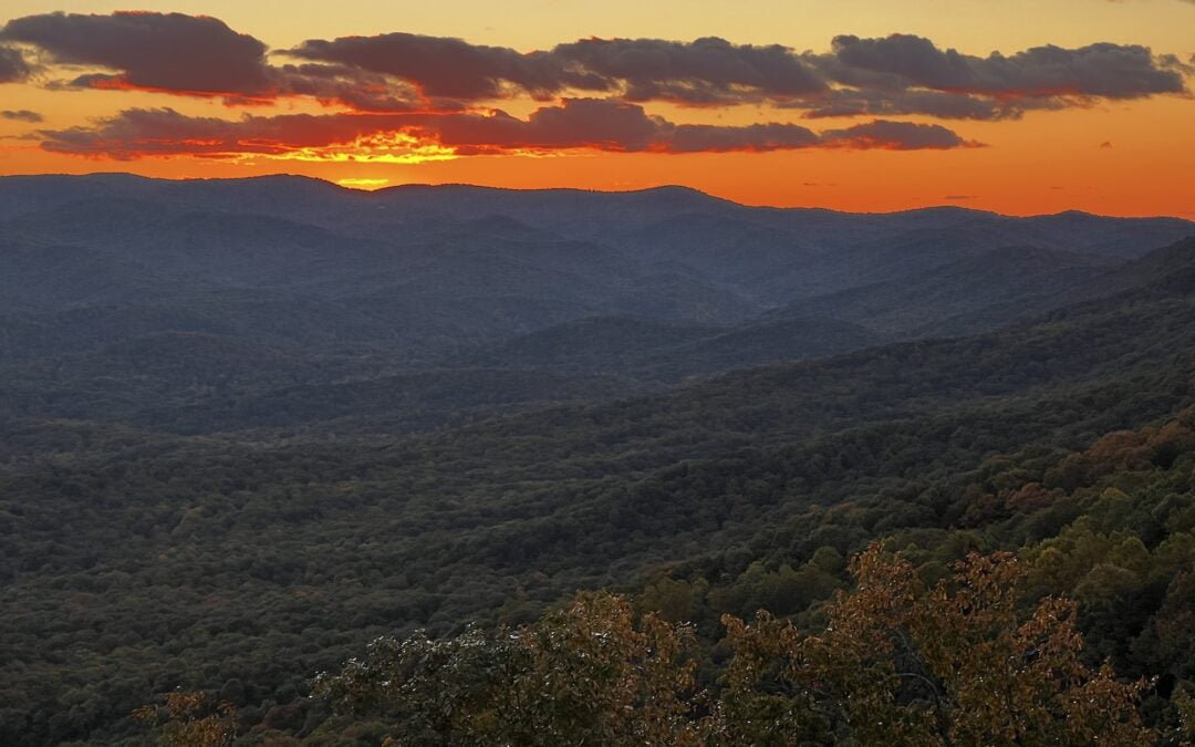 The sun setting over a valley in north Georgia.