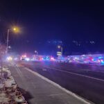 Police and EMS units seen from a distance as they responded to the Club Q shooting in Colorado Springs, Colorado.