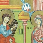 A painting / illustration of the annunciation when an angel tells Mary she is pregnant.