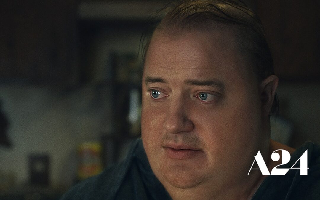 A press photo for the A24 movie, "The Whale," featuring an image of Brendan Fraser.