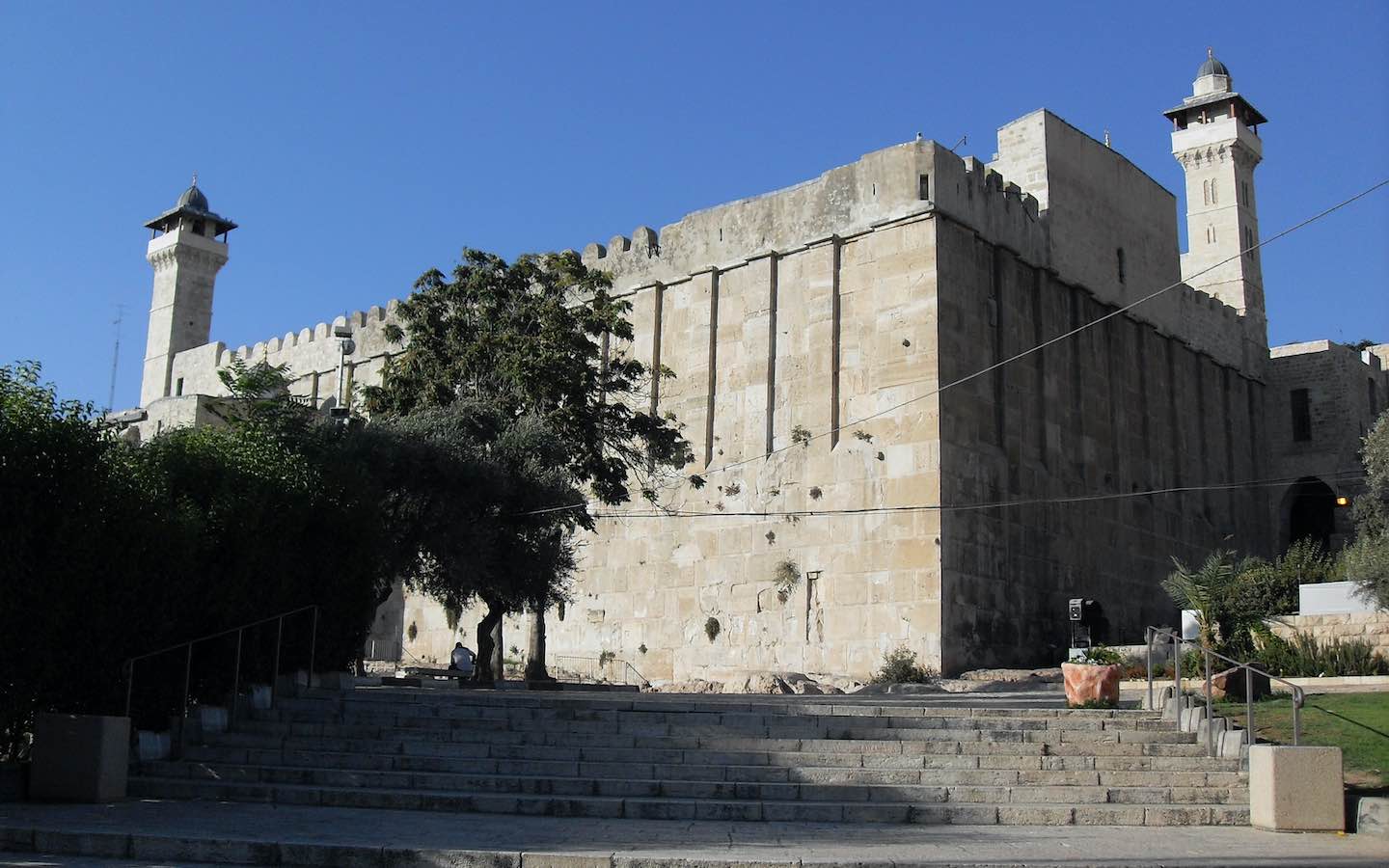 The exterior of the Tomb (or Cave) of the Patriarchs complex in Hebron, viewed from the south.