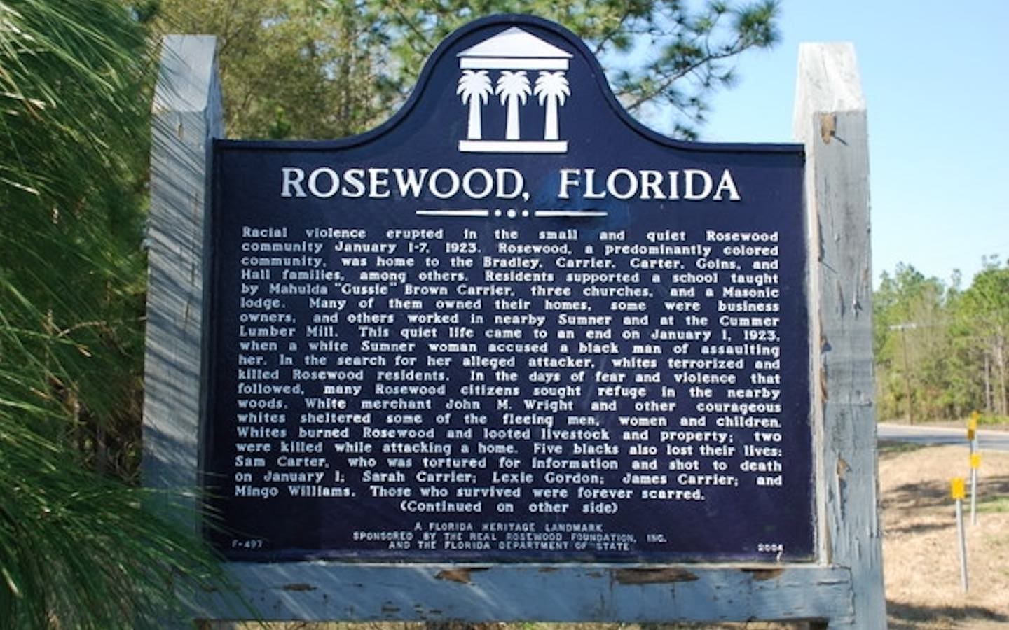 A sign in Rosewood, Florida, about the 1923 massacre that took place there.