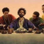 A cropped photo of the Book of Clarence film poster, with a depiction of the last supper.