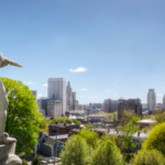 A statue of Roger Williams overlooking Providence, RI