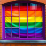 A photo of a pride flag in a window of a brick building.