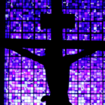 A silhouette of a cross with a blue-tinted stained glass window in the background.