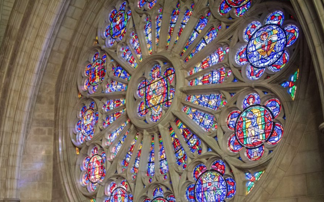 An image of the stained glass windows in Washington DC’s National Cathedral