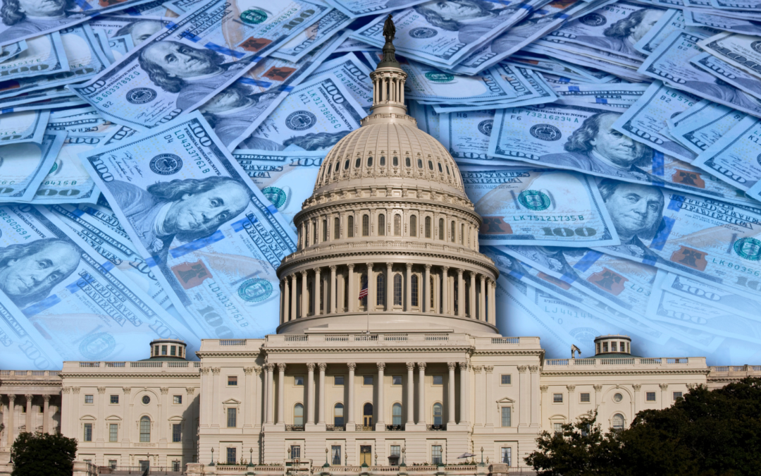 An image of the U.S. Capitol Building against a backdrop of $100 bills.