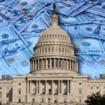 An image of the U.S. Capitol Building against a backdrop of $100 bills.