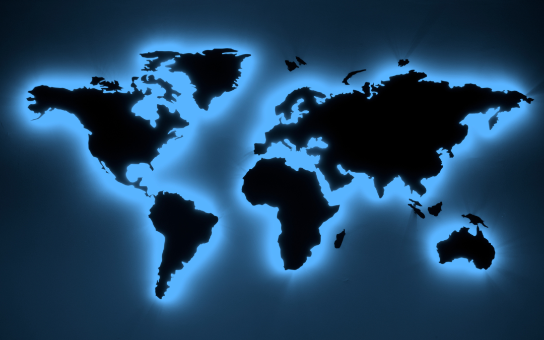 A world map with continents backlit in blue.