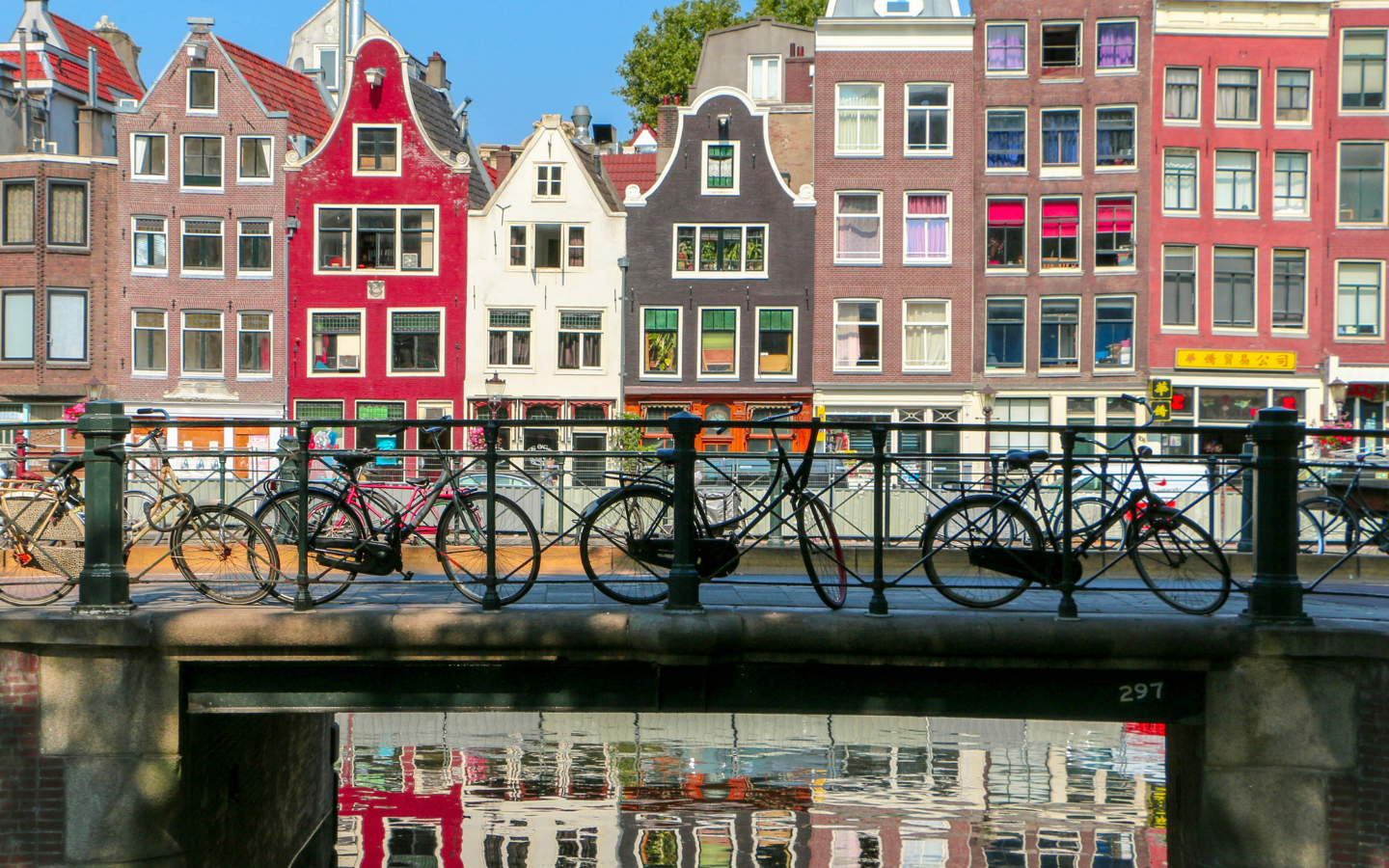 A photo of bicycles lined up along the Amsterdam waterfront.