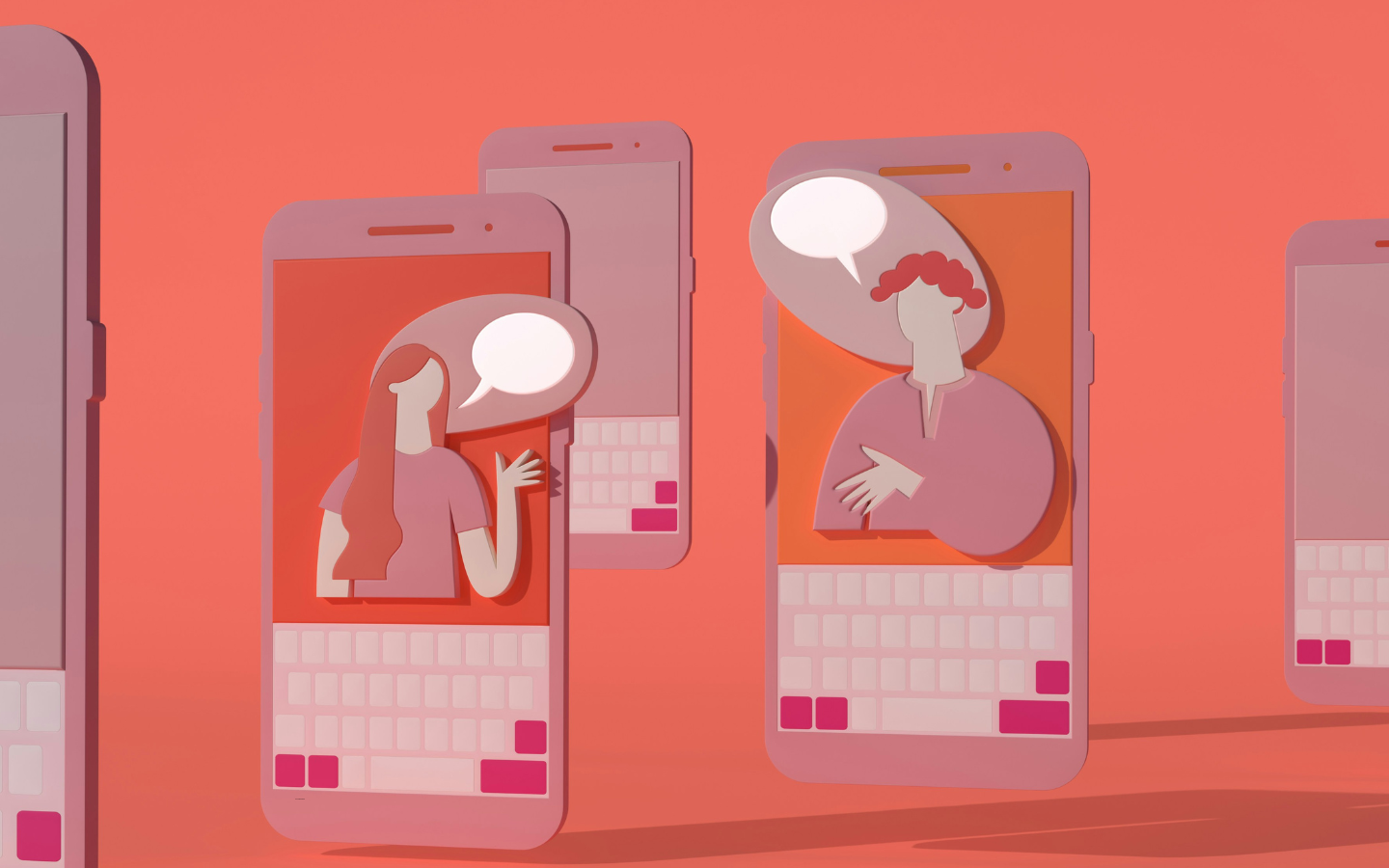 A representation of two phones with dating apps, showing a man chatting with a woman.