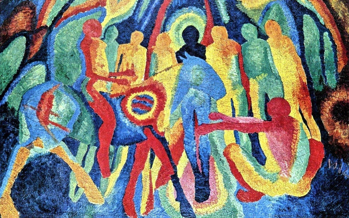 A photo of a brightly colored oil on canvas depiction of Jesus entering Jerusalem on a donkey.