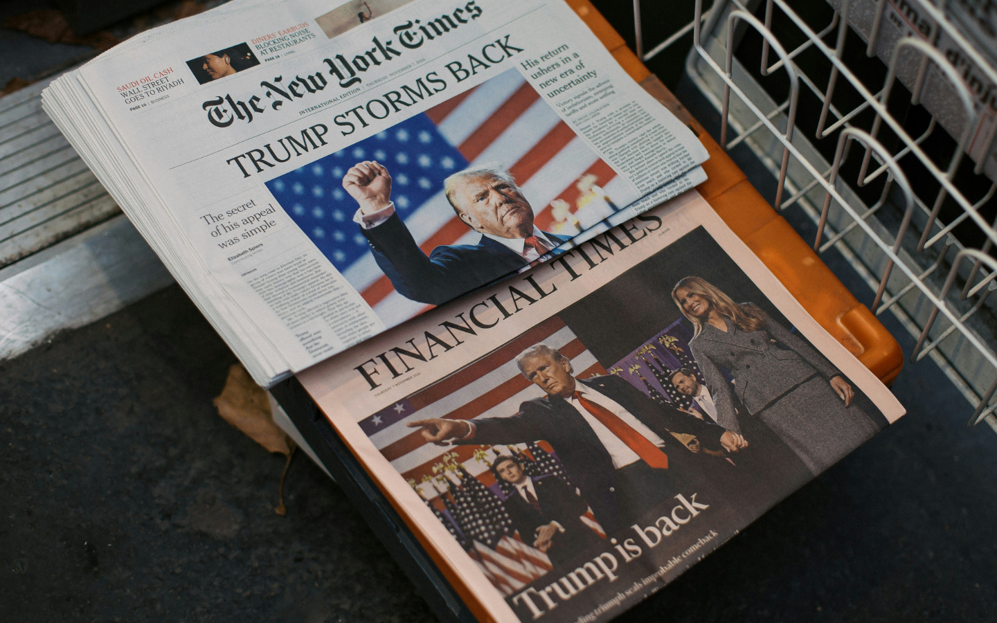 Newspapers from the morning after Donald Trump won the 2024 election.