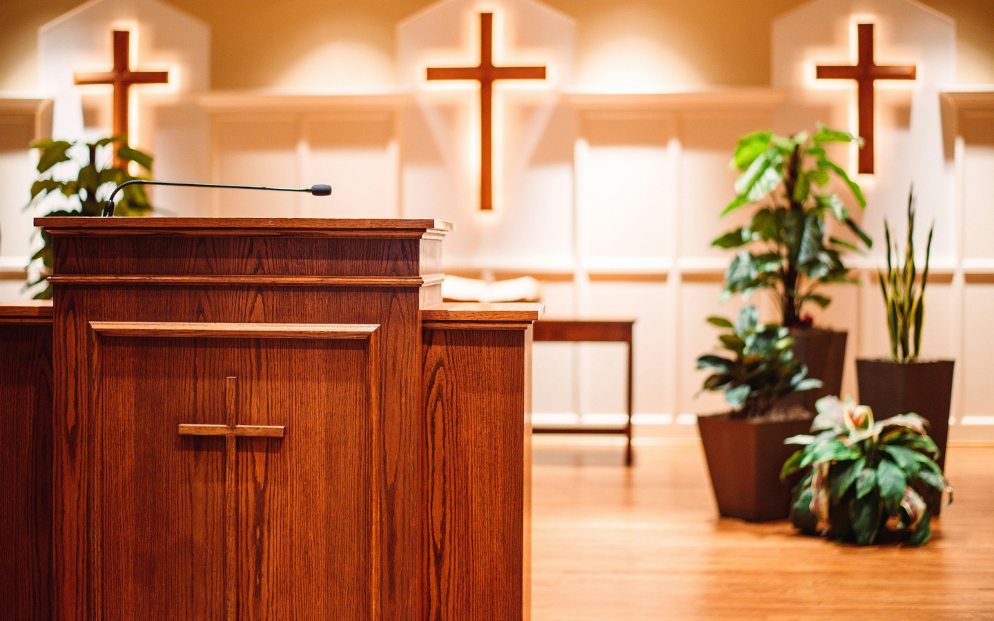 A wooden pulpit in a Christian church.