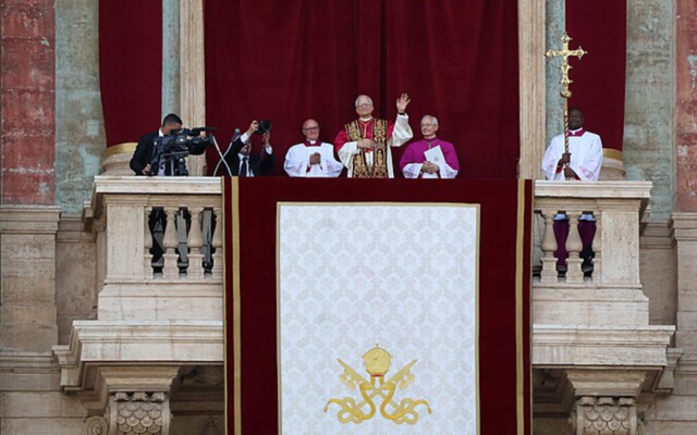 Pope Leo XIV on the loggia after his election.