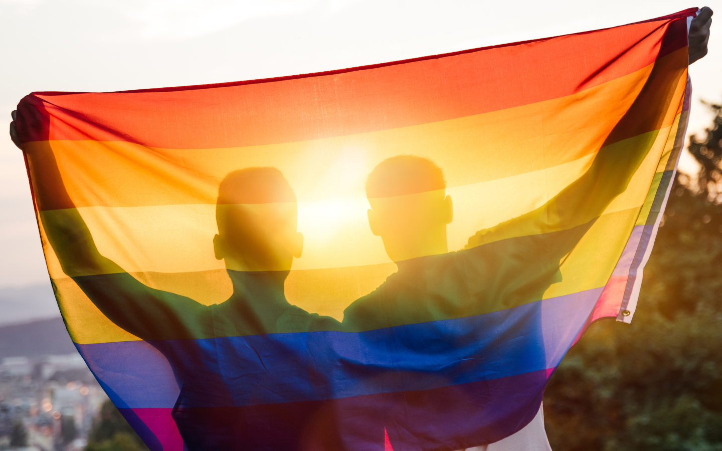 To men hold up a Pride flag behind them, with the sunlight shining in front of them.